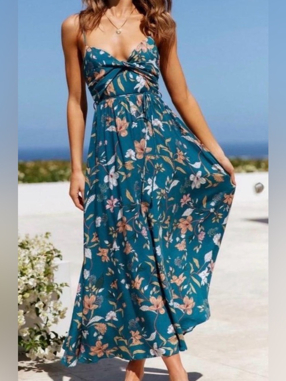 Hello Molly Teal Floral Spaghetti Strap Maxi Dress